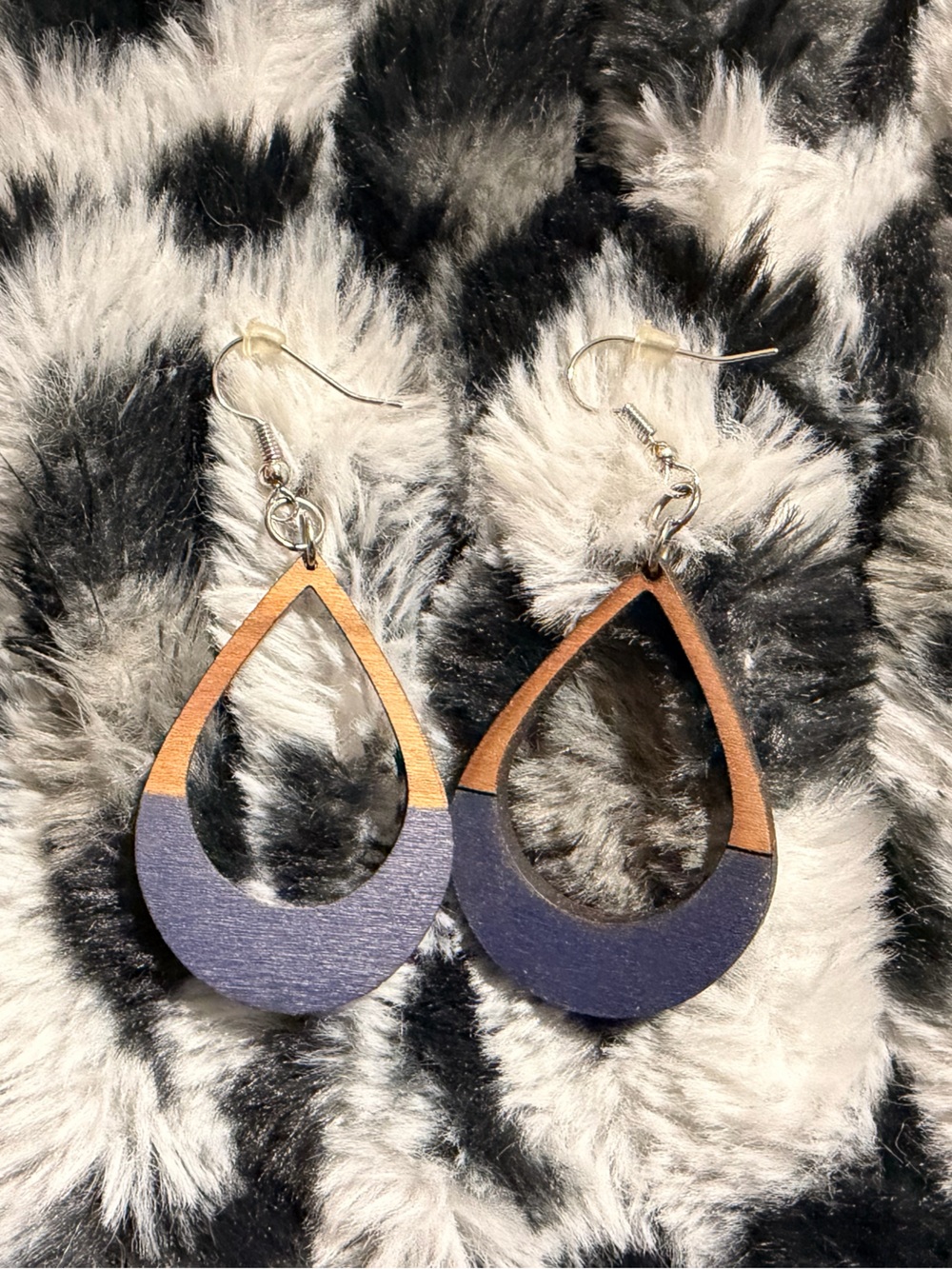 Wood Teardrop Earrings in Blue and Brown